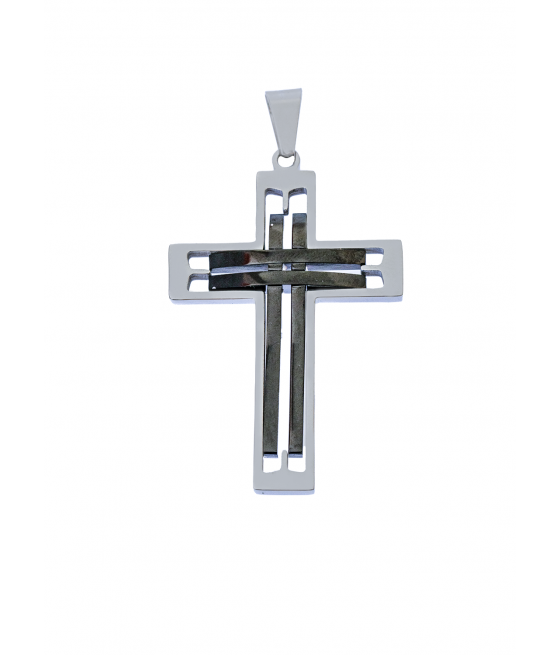 Colgante cruz acero con detalles en color negro